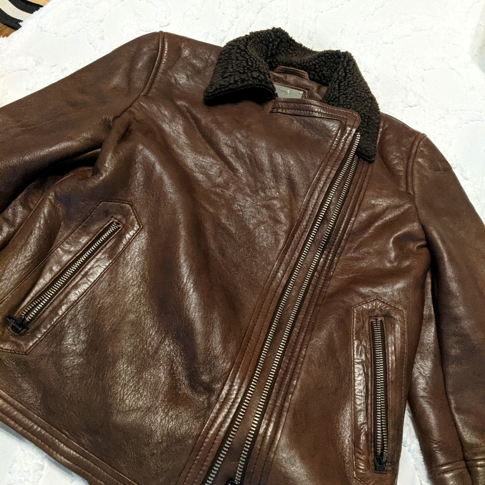 Mango Bomber Shearling Leather Jacket
